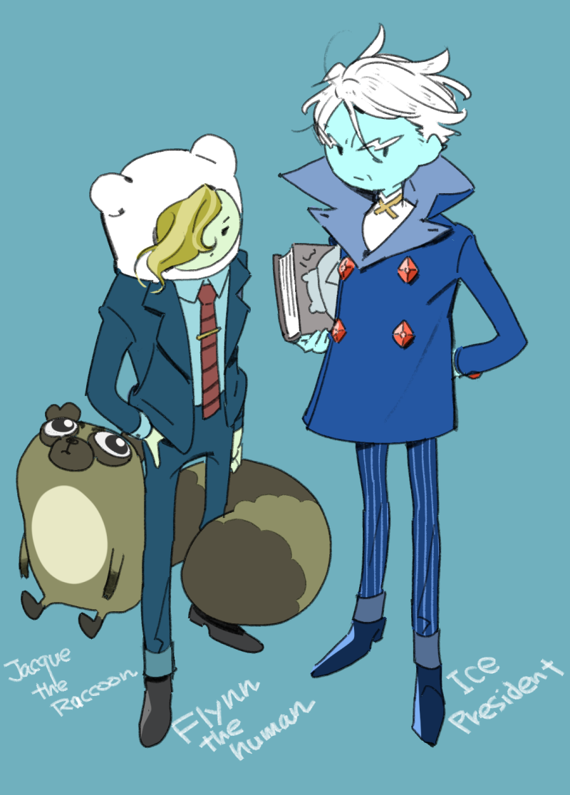 anthro clothed clothing footwear group male necktie shoes trio yunta0722 adventure_time cartoon_network flynn_the_human_being ice_president jacques_the_raccoon lynn_the_person human mammal procyonid raccoon