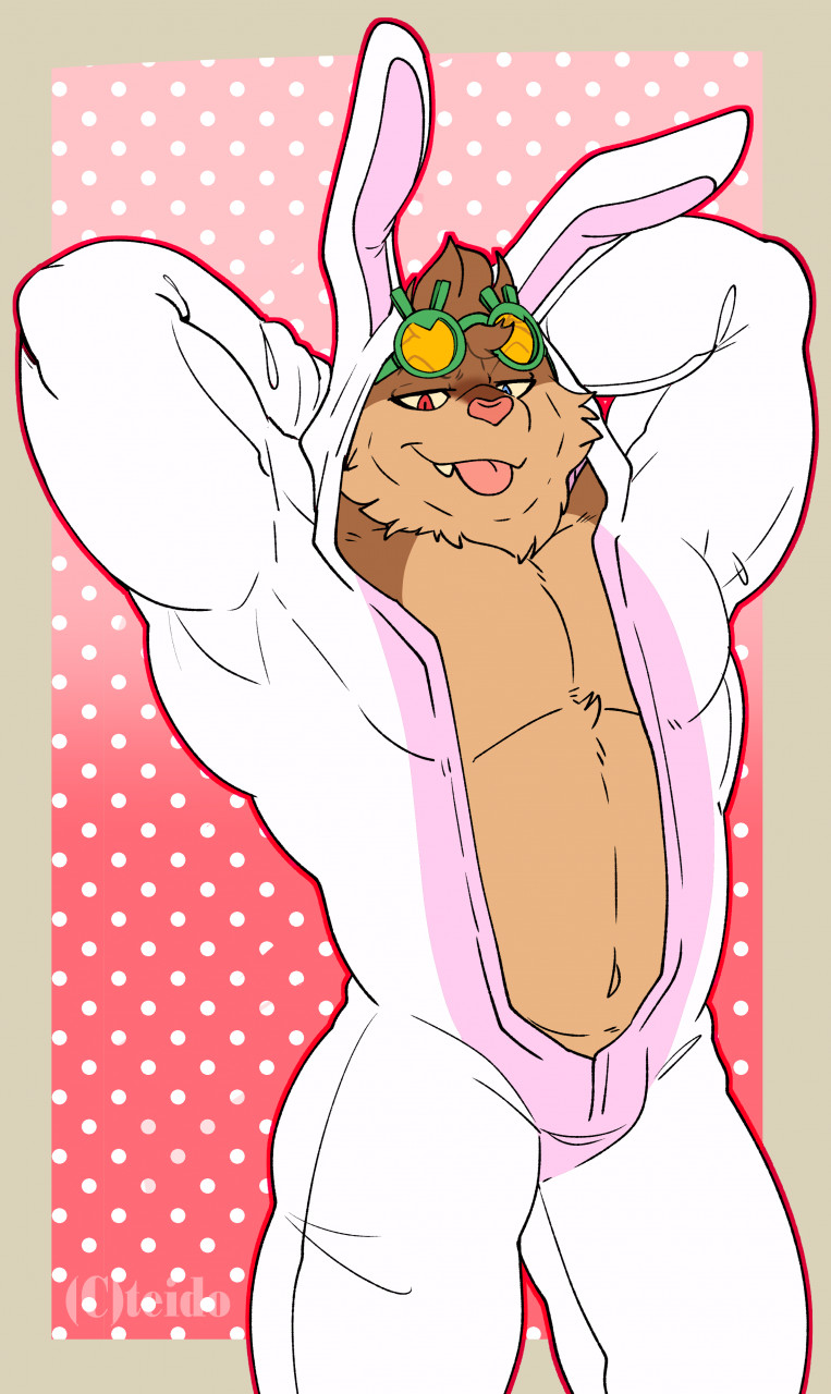 anthro bedroom_eyes belly belly_tuft big_muscles big_pecs blue_eyes border brown_body brown_face brown_fur bunny_costume cheek_tuft chin_tuft closed_smile clothing costume eyewear eyewear_on_head facial_tuft flirting flirting_with_viewer front_view fur goggles goggles_on_head green_eyewear green_goggles grey_border half-closed_eyes hands_behind_head happy head_tuft heterochromia huge_muscles huge_pecs looking_at_viewer looking_down looking_down_at_viewer male manly mouth_closed muscular muscular_anthro muscular_male narrowed_eyes navel onesie pecs pink_background pink_nose pink_onesie pink_tongue pose red_eyes seductive sharp_teeth simple_background smile smiling_at_viewer solo standing tan_belly tan_body tan_chest tan_face tan_fur teeth tongue tongue_out tuft two_tone_face two_tone_onesie white_background white_onesie yellow_lens heyimteedo league_of_legends riot_games tencent ziggs_(lol) mammal yordle 2022 colored digital_drawing_(artwork) digital_media_(artwork) flat_colors hi_res portrait signature three-quarter_portrait