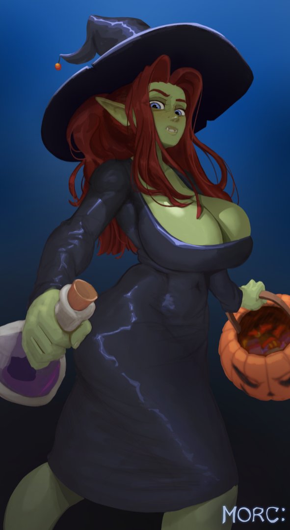 5_fingers big_breasts black_clothing black_dress blue_eyes breasts brown_hair candy_bucket cleavage clothed clothing dress eyebrows fangs female fingers gradient_background green_body green_skin hair hat headgear headwear holidays humanoid_pointy_ears long_hair navel_outline not_furry potion simple_background solo teeth witch_costume witch_hat morc_orc halloween goblin humanoid 2023 artist_name