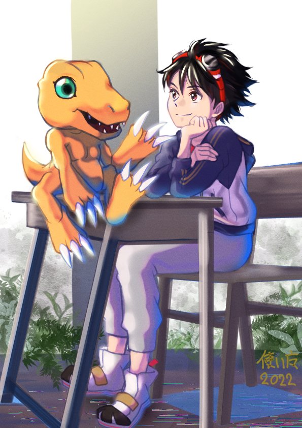 anthro black_hair claws desk duo eyewear eyewear_on_head furniture goggles goggles_on_head green_eyes hair male sitting table yellow_body vfcou bandai_namco digimon digimon_survive agumon_(survive) takuma_momozuka agumon digimon_(species) human mammal