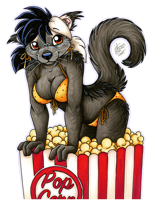 amber_eyes anthro bikini black_body black_fur black_hair breasts cleavage clothed clothing female food fur grey_body grey_fur hair multicolored_hair popcorn popcorn_bag simple_background solo swimwear text two-piece_swimsuit two_tone_hair whiskers white_background white_body white_fur white_hair michele_light binturong mammal viverrid 2020 english_text signature