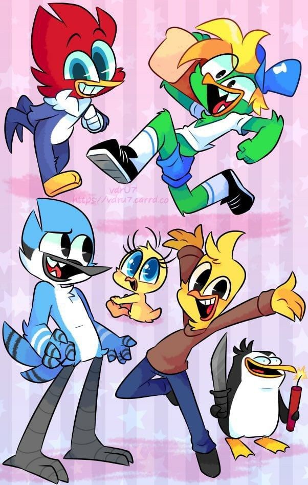 ambiguous_gender anthro beak clothed clothing dynamite explosives feet feral group hat headgear headwear male talons toes toony vdru7 archibald's_next_big_thing breadwinners cartoon_network dreamworks looney_tunes madagascar_(series) nickelodeon regular_show the_woody_woodpecker_show universal_studios warner_brothers archibald_strutter mordecai_(regular_show) rico_(madagascar) swaysway tweety_bird woody_woodpecker avian bird chicken corvid galliform gallus_(genus) jay_(bird) oscine passerine penguin phasianid picid woodpecker crossover