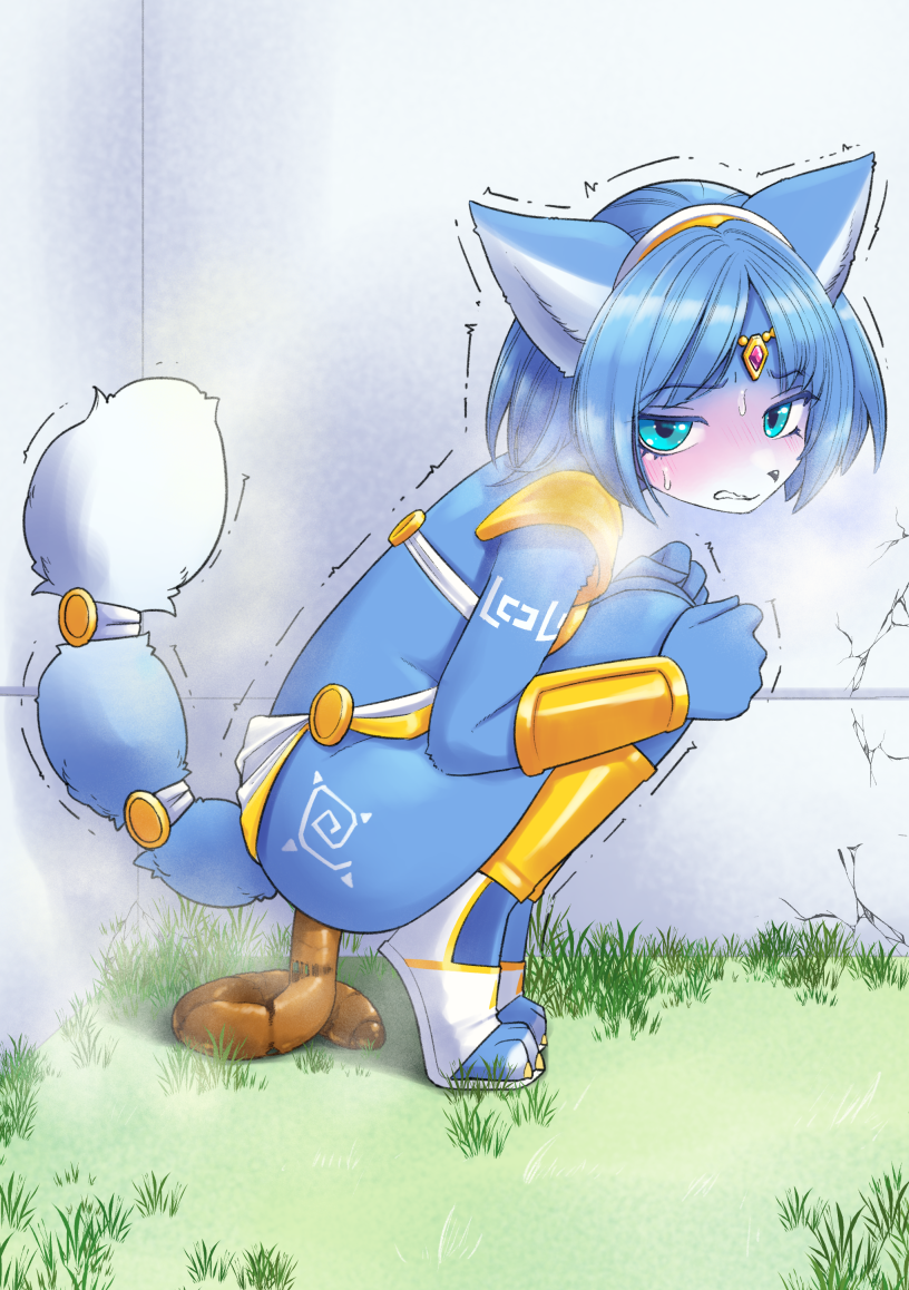 anthro blue_body blue_eyes blue_fur blue_hair blush breath bristol_type_4 clothed clothing crouching feces female fur hair panting pooping pooping_on_floor scatplay shaking solo tail trembling unoroute unousaya nintendo star_fox krystal_(star_fox) canid canine fox mammal 2023