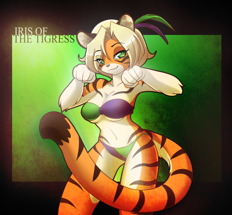 anthro arm_tuft bikini black_border blonde_hair border breasts cleavage clothed clothing elbow_tuft female fur green_eyes hair looking_at_viewer navel short_hair simple_background smile solo striped_body striped_fur stripes swimwear tuft two-piece_swimsuit under_boob nekonny twokinds iris_(twokinds) felid mammal pantherine tiger