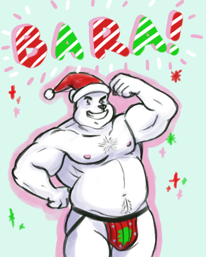 anthro barazoku big_muscles body_hair bulge chest_hair clothed clothing exclamation_point flexing holidays jockstrap looking_at_viewer male musclegut muscular muscular_anthro muscular_male overweight overweight_anthro overweight_male pubes solo topless underwear alexyorim christmas santa_claus bear mammal polar_bear ursine 2017 4:5