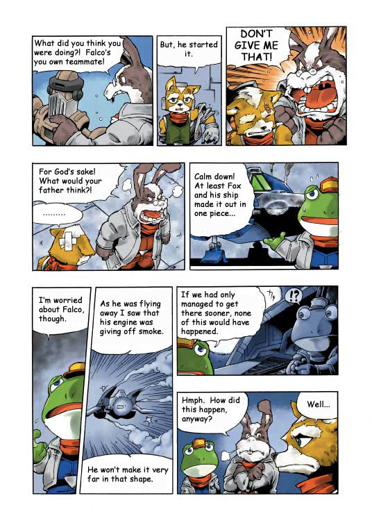 anthro arwing clothing dialogue group machine male text uvula shigehisa_nakaue nintendo star_fox fox_mccloud peppy_hare rob_64 slippy_toad amphibian canid canine fox frog lagomorph leporid mammal rabbit robot 2002 comic english_text official_art