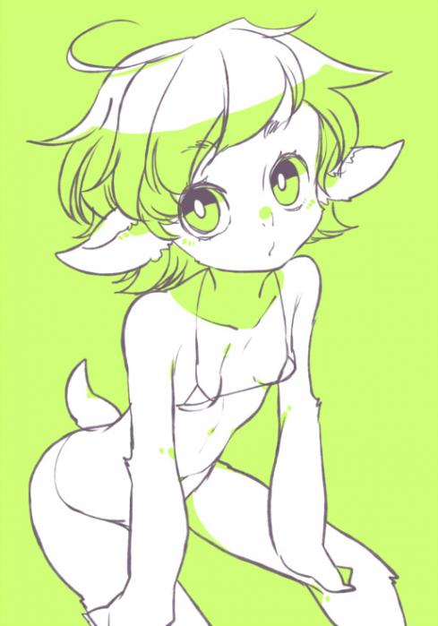 ahoge anthro barely_visible_navel bikini breasts clothing female fur green_eyes green_hair hair loli micro_bikini mouth_closed scut_tail short_tail small_breasts solo swimwear tail two-piece_swimsuit white_body white_fur young young_anthro young_female amesawa_yagi bovid caprine goat mammal 2013 archived_source green_and_white monochrome