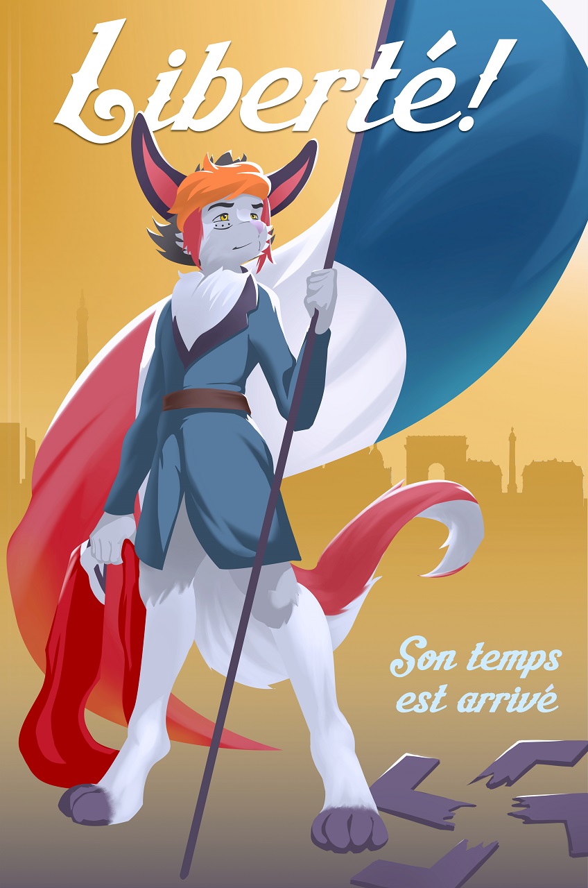 anthro antifa arc_de_triomphe clothed clothing detailed_background eiffel_tower exclamation_point eyebrows female flag flag_(object) fluffy fluffy_tail france freckles french_flag fur gradient_background grey_body grey_fur hair holding_flag holding_object military nazi nazi_flag orange_hair paris partially_clothed pink_nose politics poster poster_template propaganda resistance simple_background solo standing swastika tail text world_war_2 yellow_eyes thepimpartist canid canine fox mammal 2019 french_text hi_res traditional_media_(artwork) translated