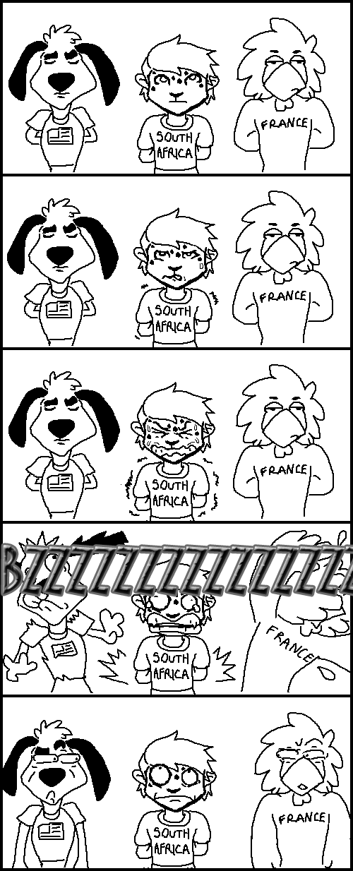 anthro elevator fart france front_view group humor male mascot paint serious_face simple_background soccer south_africa sport united_states_of_america vuvuzela white_background world_cup yellowpower fifa footix striker_(fifa) zakumi avian bird canid canine canis chicken domestic_dog felid galliform gallus_(genus) leopard mammal pantherine phasianid 1994 1998 2010 aliasing black_and_white comic digital_drawing_(artwork) digital_media_(artwork) half-length_portrait hi_res monochrome portrait