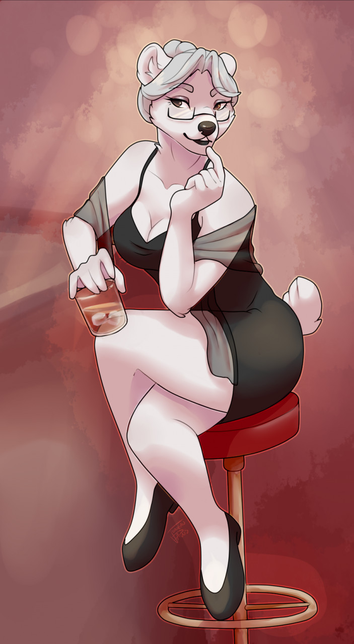 anthro bar_stool beverage black_clothing black_dress breasts brown_hair cleavage clothed clothed_anthro clothed_female clothing dress eyebrows eyelashes eyewear female female_anthro fur furniture glasses grey_hair hair shawl solo stool white_body white_fur juneaupaws hilde_(m.c) bear mammal polar_bear ursine hi_res