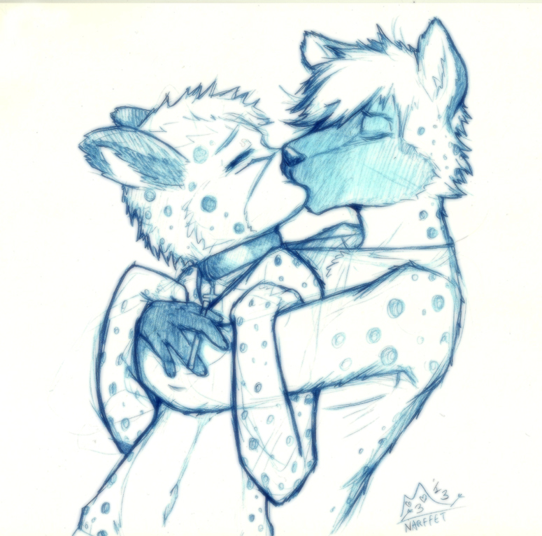 anthro biped collar cross duo eyes_closed fur hair hug jewelry kissing male male/male markings navel nude pendant romantic romantic_couple short_hair simple_background snout spots spotted_body spotted_fur text white_background narffet jake_(stripes) salem_(stripes) cheetah felid feline hyena mammal spotted_hyena 2013 blue_and_white english_text monochrome pen_(artwork) signature traditional_media_(artwork)