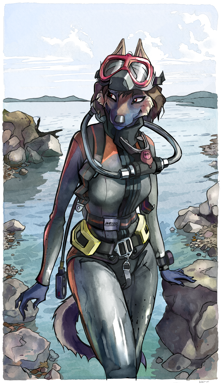 air_hose anthro dive_computer diving_mask female gravel mask pressure_gauge regulator rock scuba scuba_diver solo water weight_belt wetsuit darbaras elise_heider belgian_shepherd canid canine canis domestic_dog herding_dog mammal pastoral_dog sheepdog hi_res