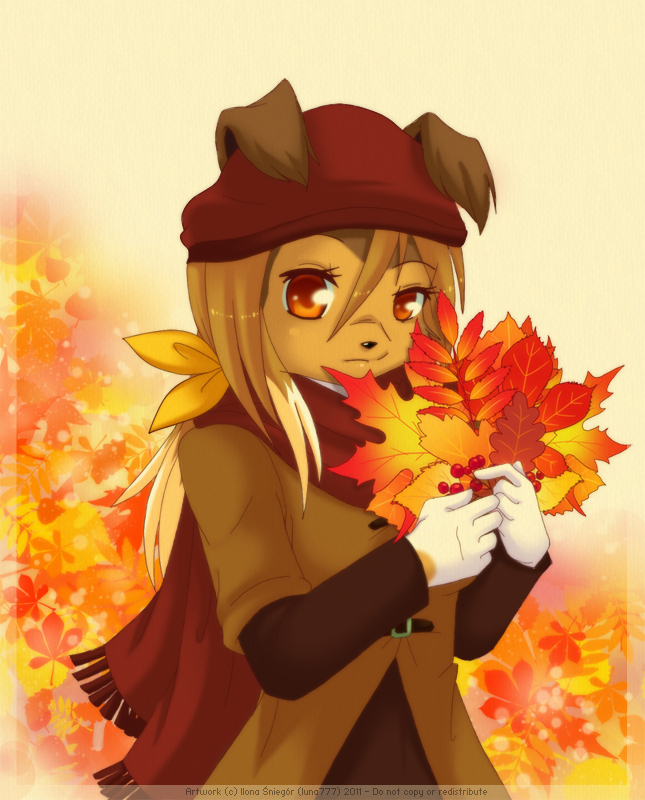 anthro autumn female leaf scarf solo luna777 kama_(character) canid canine mammal