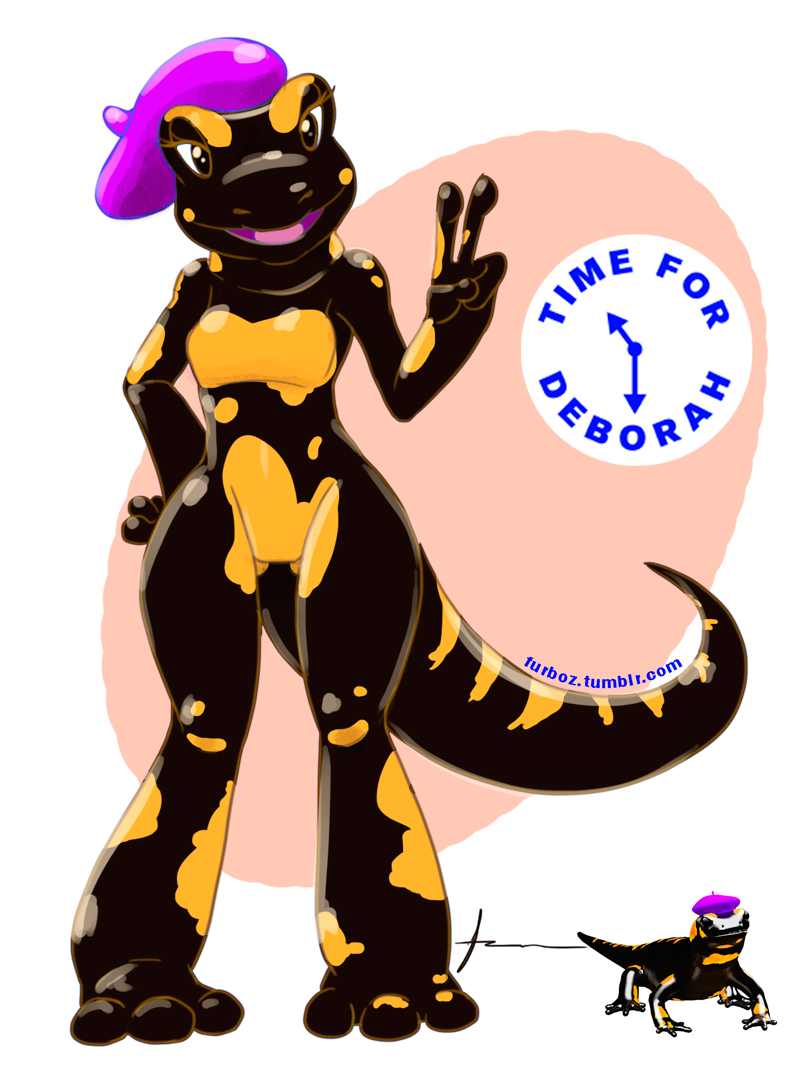 3_toes anthro biped clothing eyelashes feet female hat headgear headwear looking_at_viewer open_mouth solo standing text toes tongue furboz tumblr tumblr_decision_2016 deborah amphibian fire_salamander salamander english_text