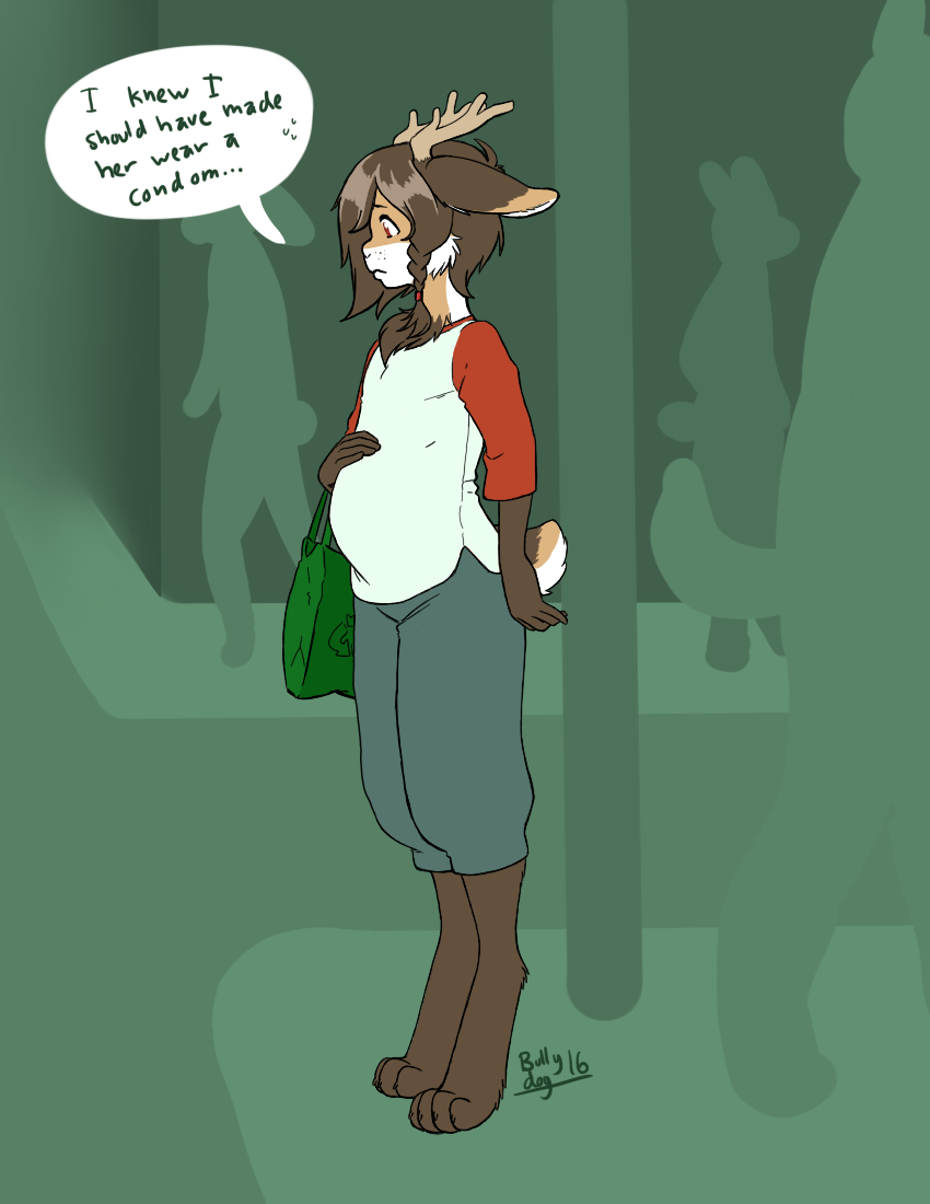 anthro antlers belly bottomwear braided_hair clothing digitigrade hair horn male messenger_bag mythical pants pregnant pregnant_anthro pregnant_male shirt solo speech_bubble text topwear bullydog micah_(patchworkjackalope) jackalope lagomorph mammal 2016