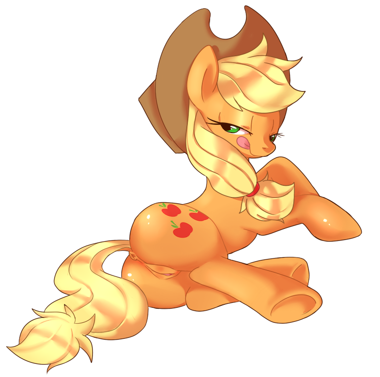 anus blonde_hair butt clothing cowboy_hat cutie_mark female feral fur genitals green_eyes hair hat headgear headwear looking_at_viewer looking_back lying on_side orange_body orange_fur pussy simple_background solo tongue white_background sion_(artist) friendship_is_magic hasbro my_little_pony applejack_(mlp) earth_pony equid equine horse mammal pony 2013