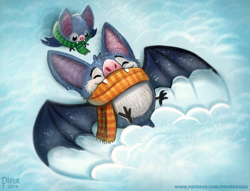 age_difference ambiguous_gender beady_eyes black_eyes duo eyes_closed fangs feral fur grey_body grey_fur membrane_(anatomy) membranous_wings scarf size_difference smile snow snow_angel teeth text white_body white_fur wings winter piper_thibodeau bat mammal 2019 digital_media_(artwork) digital_painting_(artwork) url