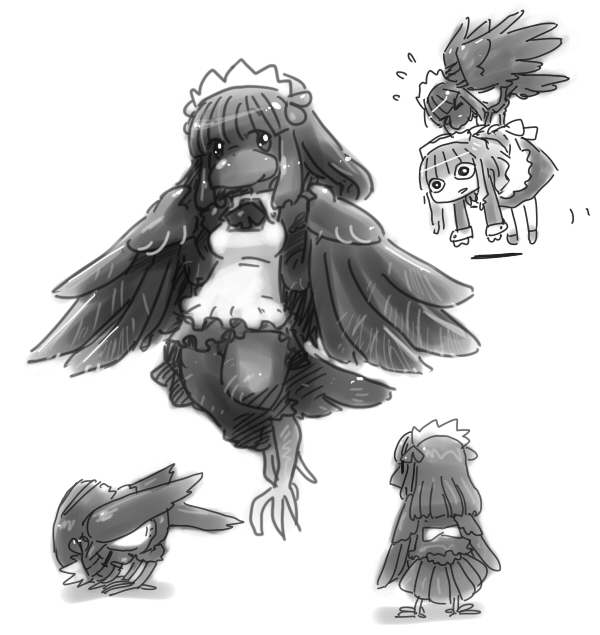 anthro beak black_beak black_body black_eyes black_feathers black_hair bodily_fluids duo feathered_wings feathers feet female feral hair maid_apron maid_headdress multiple_angles simple_background solo sweat sweatdrop talons toes white_background wings futaba_anon futaba_channel nijiura_maids karasu_no_gyouzui-san suterarenai-san avian bird corvid corvus_(genus) crow human mammal oscine passerine monochrome source_request unavailable_at_source