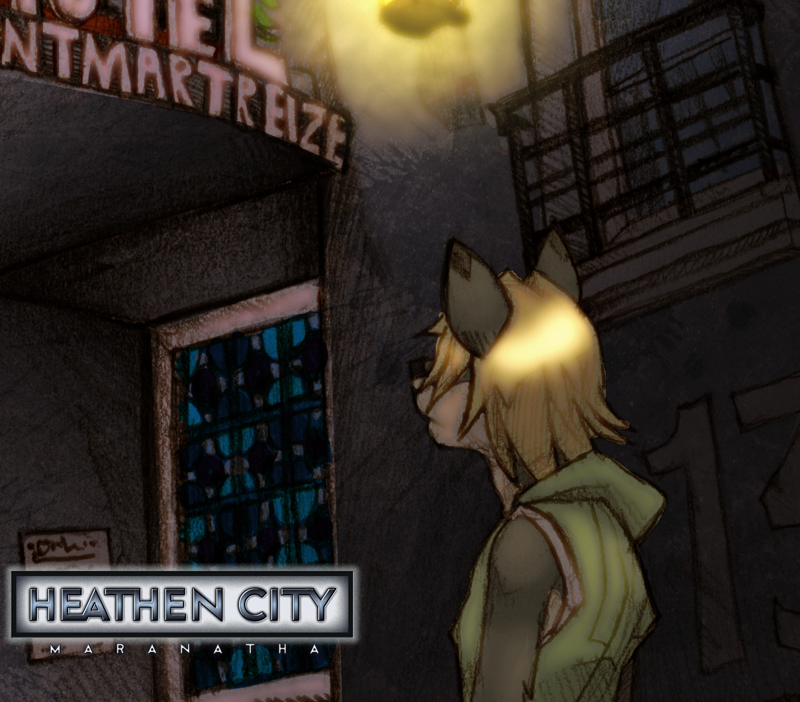 anthro black_nose blonde_hair blue_text brown_body brown_fur city clothing fur green_clothing green_jacket green_topwear hair hotel jacket male night outside paris sleeveless_jacket solo tan_body tan_fur text topwear window ayato distasty heathen_city owen_zelazny canid canine canis mammal wolf english_text french_text