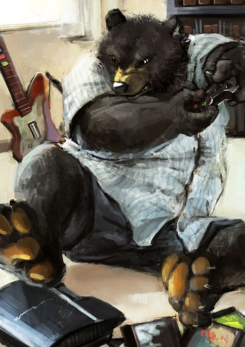 anthro black_body black_fur black_nose bookshelf bottomwear clothing detailed_background fur furniture gaming humanoid_hands inside kemono male musical_instrument overweight overweight_male playing_video_game shirt shorts sitting solo topwear racoonwolf playstation playstation_3 sony_corporation sony_interactive_entertainment bear mammal 2012