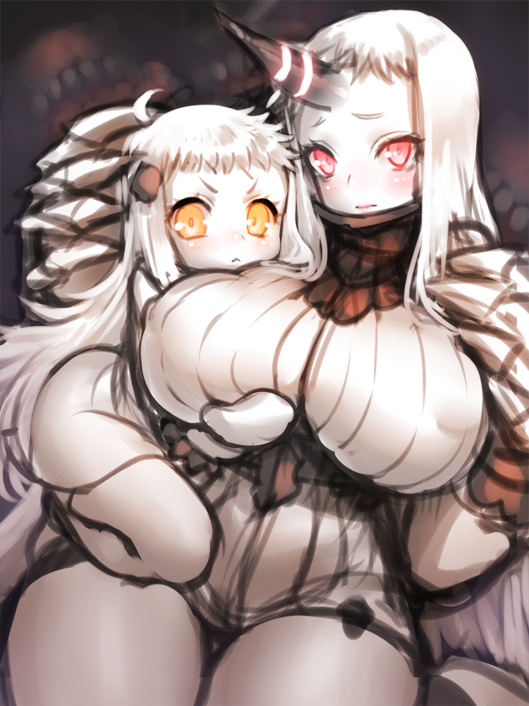 breast_grab breasts duo female female/female hand_on_breast horn larger_female nipple_outline not_furry red_eyes size_difference smaller_female white_body yellow_eyes yapo kantai_collection harbour_princess northern_ocean_princess abyssal_(kancolle) horned_humanoid humanoid shinkaisei-kan 3:4