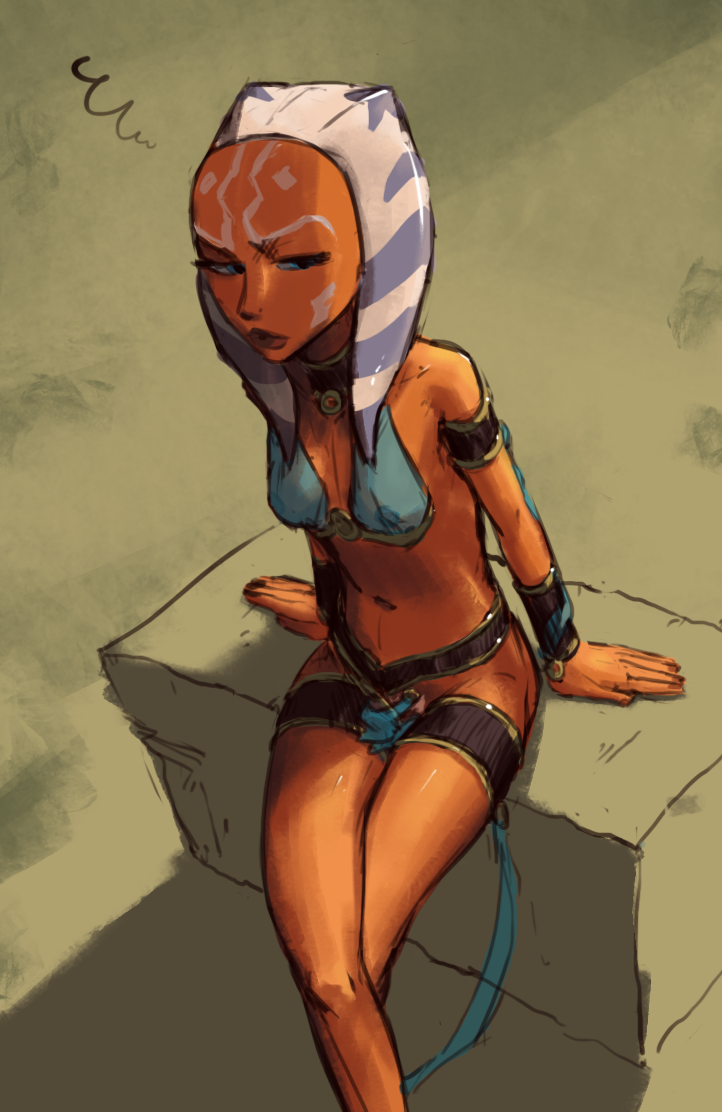 blue_eyes breasts clothed clothing crossed_legs female head_tails lekku_(anatomy) lips navel nipples not_furry orange_body orange_skin sitting skimpy small_breasts solo submissive submissive_female translucent translucent_clothing tourbillon star_wars ahsoka_tano alien alien_humanoid humanoid togruta