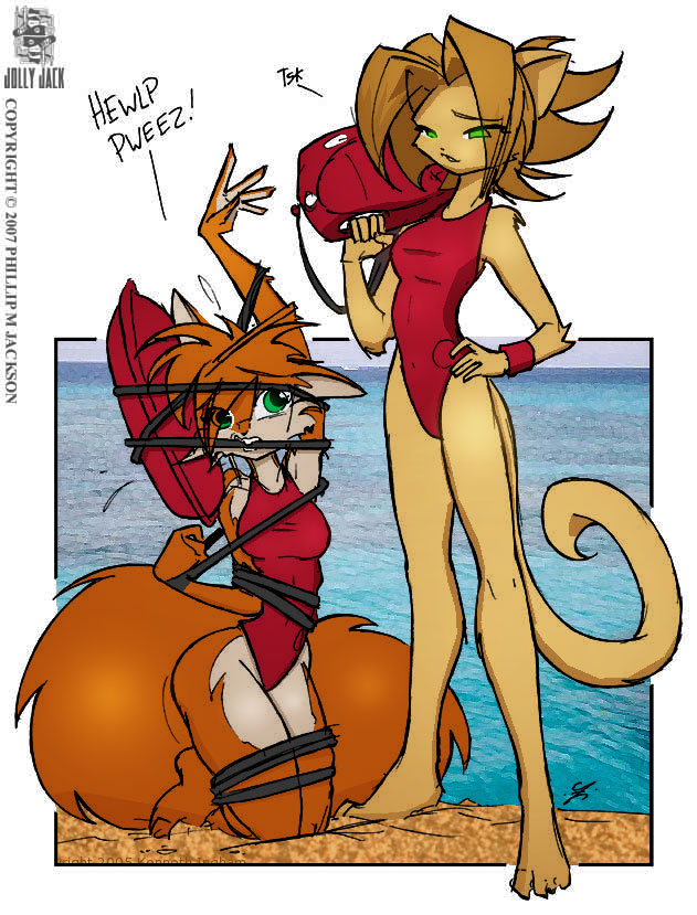 4_toes anthro barefoot beach bound breasts brown_body brown_fur brown_hair clothed clothing doing_it_wrong duo feet female fluffy fluffy_tail fur green_eyes hair one-piece_swimsuit orange_body orange_fur orange_hair outside plantigrade seaside swimwear tail tan_body tan_fur toes water wristband conditional_dnp jollyjack baywatch sequential_art kat_vance scarlet_(sequential_art) domestic_cat eurasian_red_squirrel felid feline felis mammal rodent sciurid tree_squirrel 2007