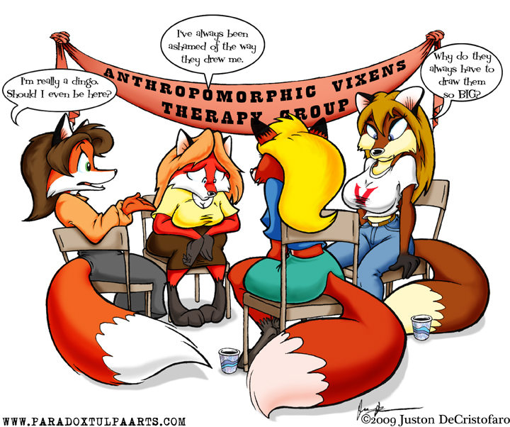 anthro big_breasts breast_rest breasts chair cleavage clothed clothing container cup dipstick_tail embarrassed female furniture group markings simple_background sitting support_group tail tail_markings text therapy white_background greyofpta canid canine canis dingo domestic_dog fox mammal english_text url