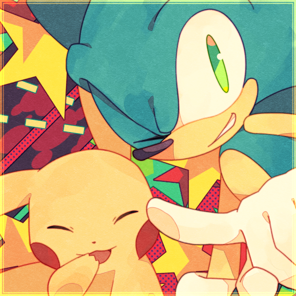 abstract_background anthro black_nose blue_body blue_fur clothing duo eyes_closed fur gloves green_eyes handwear looking_at_viewer male one_eye_closed open_mouth red_cheeks smile wink yellow_body yellow_fur baitong9194 nintendo pokemon sega sonic_the_hedgehog_(series) sonic_the_hedgehog eulipotyphlan generation_1_pokemon hedgehog mammal pikachu pokemon_(species) 1:1 2015 crossover