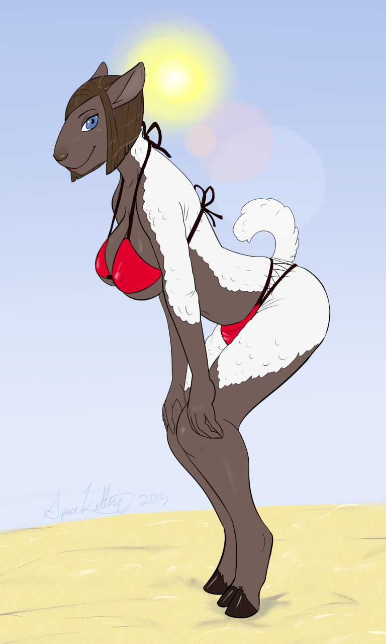 anthro beach bent_over big_breasts bikini black_hair blue_eyes breasts clothing female fur hair hooves lens_flare outside pose raised_tail sand seaside smile solo sun swimwear tail two-piece_swimsuit wool_(fur) spacekitten mariah_lewis bovid caprine domestic_sheep mammal sheep 3:5 hi_res