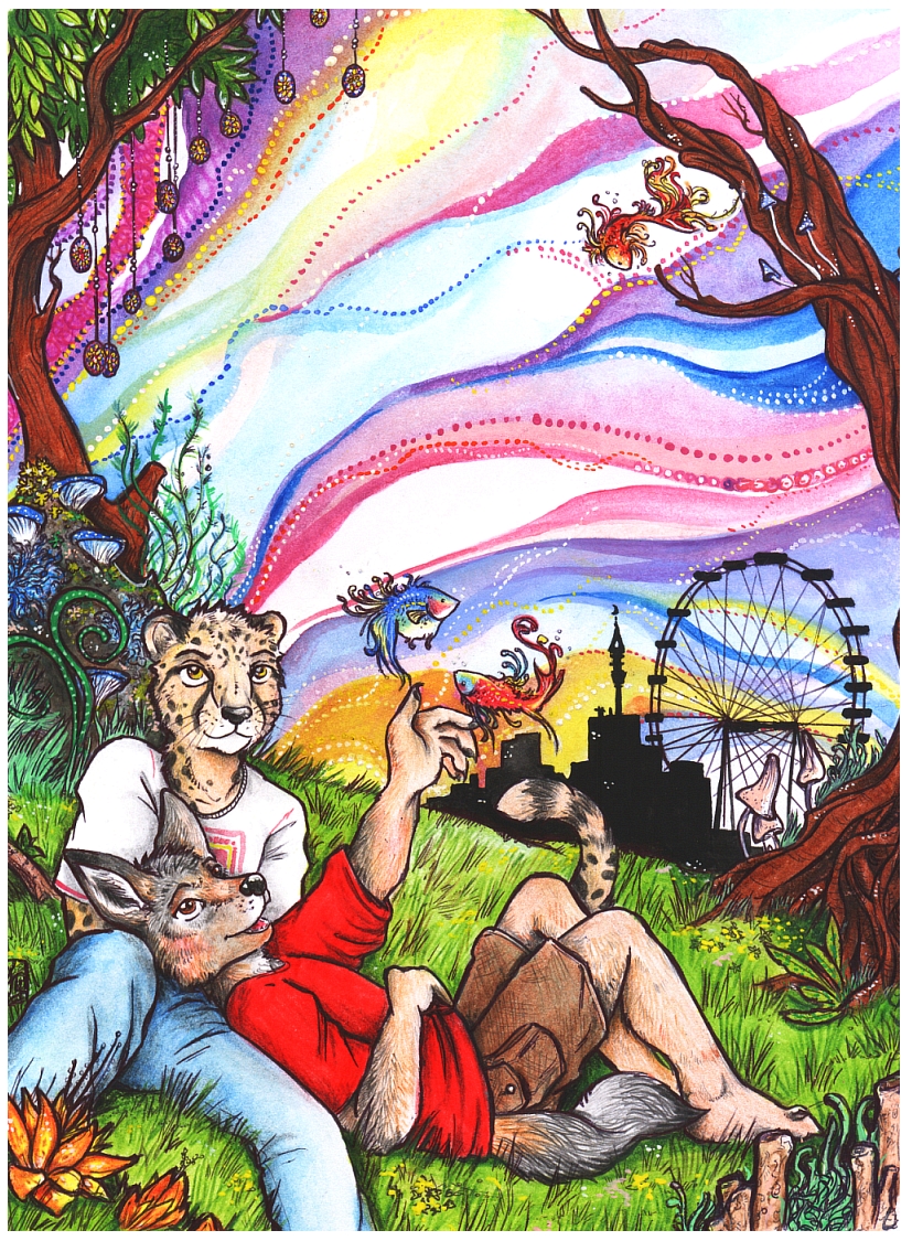 amusement_ride anthro black_nose border bottomwear brown_eyes clothed clothing detailed_background dreamcatcher drugs duo_focus feral ferris_wheel flower fully_clothed fungus grass group head_on_lap magic magic_mushrooms male minaret mushroom nature on_lap outside plant rainbow relaxing romantic romantic_ambiance romantic_couple shirt shorts sunset surrealism tail topwear tree tripping_balls whiskers white_border wood yellow_eyes tanutanuki canid canine cheetah felid feline fish mammal marine colorful_theme mixed_media painting_(artwork) traditional_media_(artwork) watercolor_(artwork)