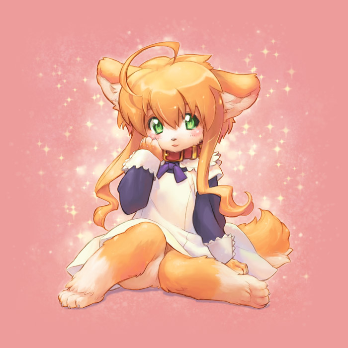 4_toes anthro barefoot blush bottomless claws clothed clothing collar dress feet female flat_chested fur hair looking_at_viewer orange_body orange_fur orange_hair sitting solo tail toes young young_anthro young_female dattari tatotake_mono wanko_to_kurasou mikan_(wanko) canid canine mammal 1:1