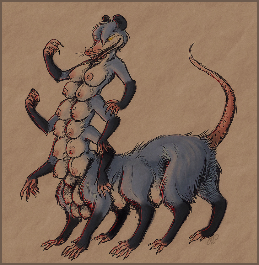 22_breasts 6_arms 6_legs barefoot breasts eyewear feet female glasses multi_arm multi_breast multi_limb multi_multi_multi_breast nightmare_fuel nude solo taur_train yellow_eyes c120 american_opossum mammal marsupial multi_taur taur 2010