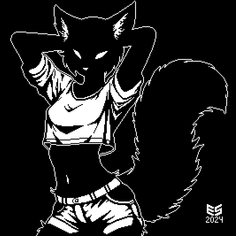 anthro black_background black_body black_fur black_shading bottomwear breasts clothing crop_top denim denim_bottomwear denim_clothing denim_shorts facial_tuft female fluffy fluffy_tail fur hands_behind_head inner_ear_fluff looking_at_viewer midriff monotone_background navel outline raised_arms shirt shorts simple_background solo tail topwear tuft white_bottomwear white_clothing white_eyes white_inner_ear_fluff white_nose white_outline white_topwear ezeeshady felid feline mammal 1:1 2024 black_and_white digital_media_(artwork) half-length_portrait monochrome pixel_(artwork) portrait signature