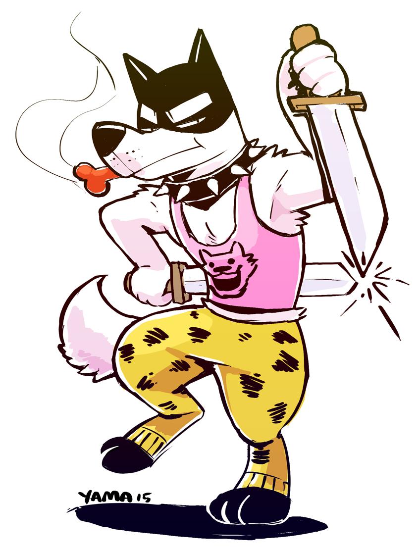 animal_print anthro bottomwear cheetah_print clothed clothing collar dog_food dog_treat fully_clothed fur male melee_weapon pants pet_food shirt smoking solo spiked_collar spikes sword tank_top toony topwear weapon white_body white_fur wolfyama undertale undertale_(series) doggo_(undertale) canid canine canis domestic_dog mammal 2015