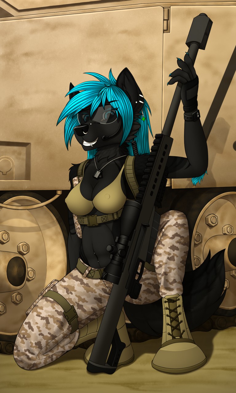 anthro army black_body black_fur black_nose black_tail boots camo camo_print clothed clothing combat_boots desert dog_tags ear_piercing ear_ring facial_piercing female footwear fur furgonomics furry-specific_piercing grey_body grey_fur gun hair lip_piercing lip_ring looking_at_viewer military military_gear military_uniform muzzle_piercing navel navel_piercing nipple_outline nose_piercing nose_ring nostril_ring piercing ranged_weapon rifle ring_piercing shoes smile smiling_at_viewer sniper sniper_rifle solo tail tank teal_eyes teal_hair underwear uniform vehicle weapon tales_foxdale canid canine mammal 3:5 hi_res