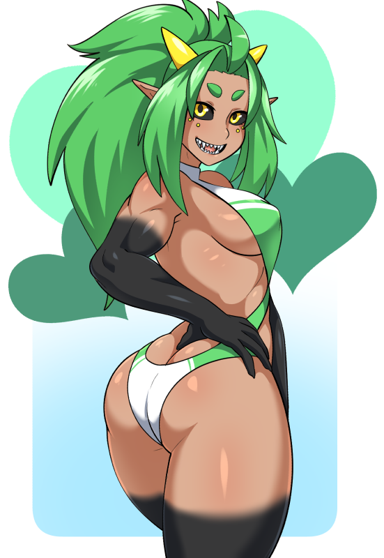 5_fingers amber_eyes bangs biceps big_breasts big_butt black_sclera breasts butt clothed clothing facial_piercing female fingers green_hair hair heart_symbol humanoid_pointy_ears long_hair looking_at_viewer midriff nipple_outline not_furry piercing pointy_ears ponytail sharp_teeth smile solo teeth dynamo-x utuu_(dynamo-x) demon humanoid 2017 alpha_channel digital_media_(artwork)