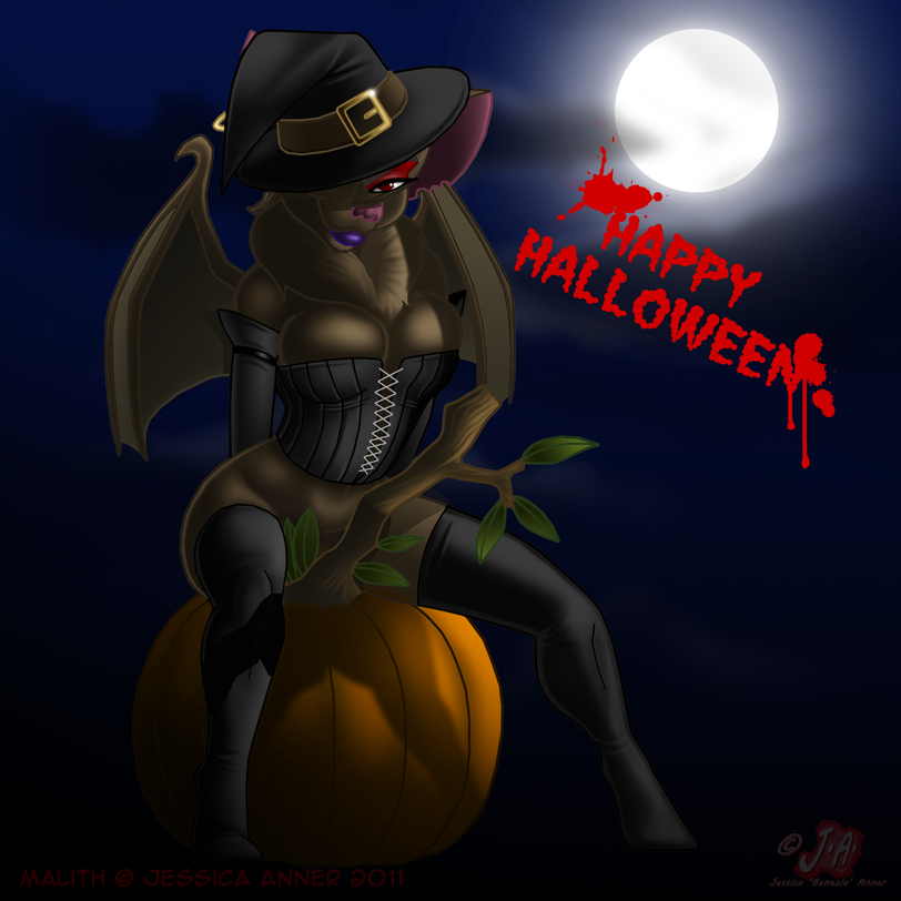 alternative_fashion anthro armwear bat_wings bottomless clothed clothing cosplay costume elbow_gloves female food fruit gloves goth handwear hat headgear headwear holidays legwear magic_user membrane_(anatomy) membranous_wings moon night outside plant pumpkin red_eyes sky solo thigh_highs wings witch witch_hat janner3d halloween malith_volskov bat mammal 1:1