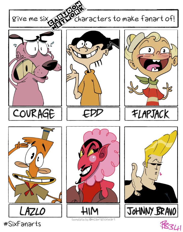 pandorasbox341 camp_lazlo cartoon_network courage_the_cowardly_dog ed_edd_n_eddy johnny_bravo_(series) powerpuff_girls six_fanarts_challenge the_marvelous_misadventures_of_flapjack courage_the_cowardly_dog_(character) edd_(eene) flapjack him_(powerpuff_girls) johnny_bravo lazlo_(camp_lazlo) beagle canid canine canis demon domestic_dog haplorhine human hunting_dog mammal monkey primate scent_hound crossover meme tagme