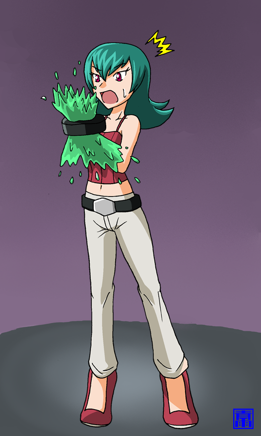 bound female goo_transformation green_hair gym_leader hair latex red_eyes solo surprised_expression transformation omoi nintendo pokemon sabrina_(pokemon) human mammal