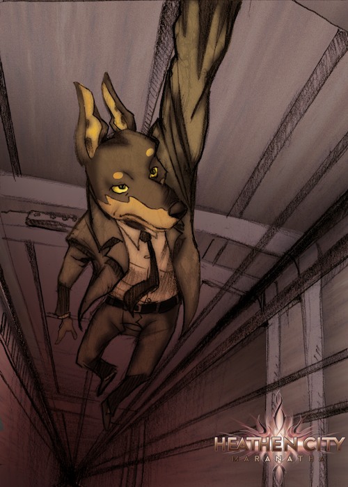 anthro clothed clothing dress_shirt fully_clothed holding_ledge male metal necktie peril shirt slacks solo suit_and_tie suit_jacket topwear ayato heathen_city q._i._malloy canid canine canis dobermann domestic_dog mammal pinscher