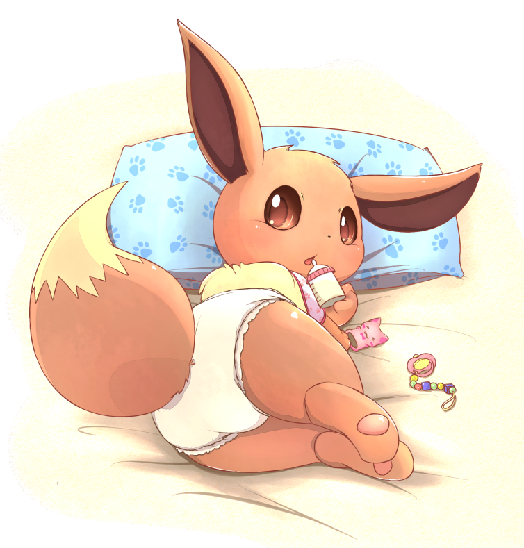 ambiguous_gender bottle brown_body brown_eyes brown_fur butt clothing container diaper fur furniture looking_back lying open_mouth pacifier pillow simple_background solo tail young mei_(artist) nintendo pokemon eevee generation_1_pokemon pokemon_(species) 2015 digital_drawing_(artwork) digital_media_(artwork)