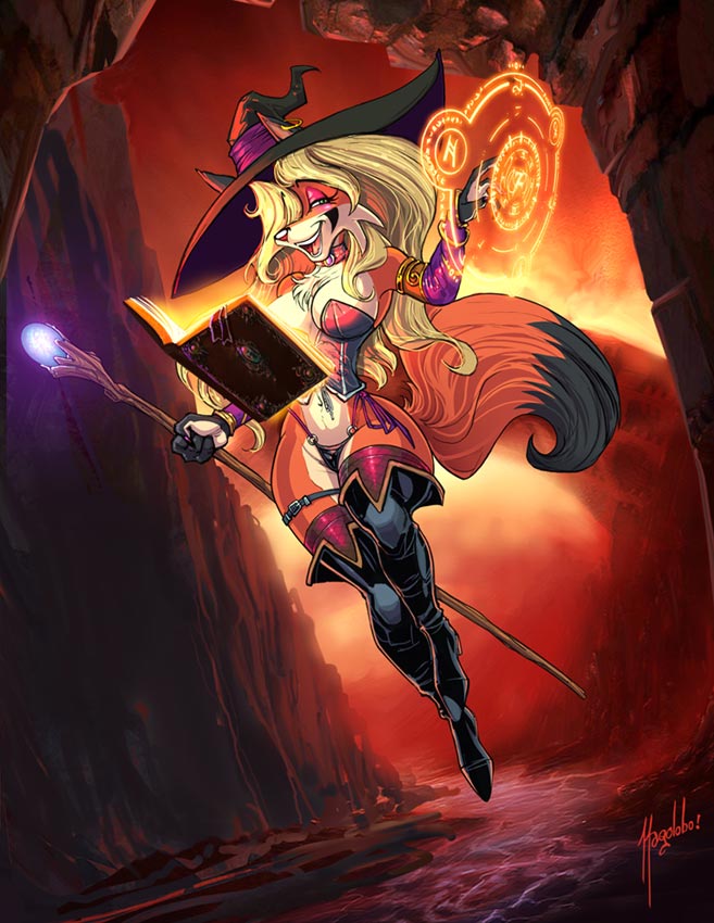 anthro biped blonde_hair boots breasts clothing female footwear hair hat headgear headwear high_heeled_boots high_heels legwear magic magic_user piercing shoes smile solo thigh_boots thigh_highs wand witch witch_hat magolobo angie_(magolobo) canid canine fox mammal red_fox true_fox 2017 digital_media_(artwork)