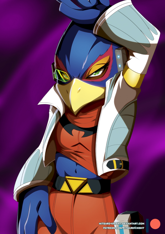 anthro beak belt clothing green_eyes jacket male solo text topwear mitgard-knight nintendo star_fox falco_lombardi avian bird 2018 english_text url