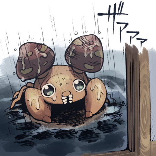 bodily_fluids claws feral fungus mushroom outside raining solo tears text minashirazu nintendo pokemon arthropod generation_1_pokemon insect paras pokemon_(species) 1:1 japanese_text