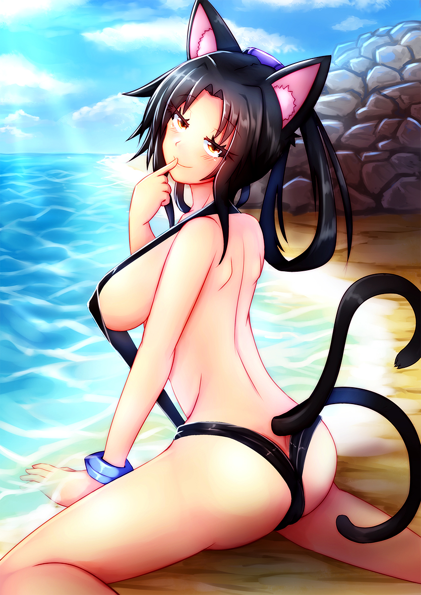 beach big_breasts bikini black_hair blush breasts butt clothed clothing detailed_background female hair looking_back multi_tail one-piece_swimsuit outside pale_skin pose sand seaside side_boob skimpy sky sling_bikini smile solo swimwear tail two-piece_swimsuit water rarkfield high_school_dxd kuroka animal_humanoid cat_humanoid felid felid_humanoid feline feline_humanoid humanoid mammal mammal_humanoid hi_res