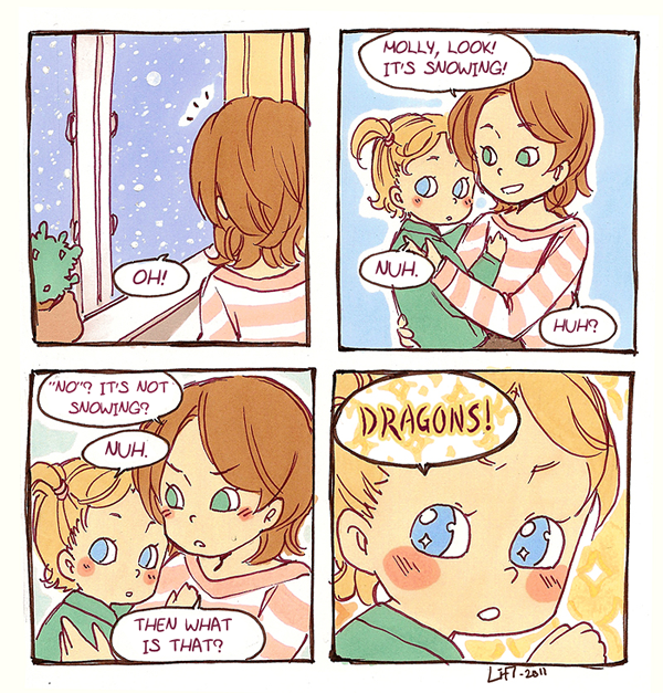 blue_eyes childhood dialogue duo female green_eyes humor imagination inside not_furry snow sparkles standing starry_eyes text lisaharald human mammal comic english_text