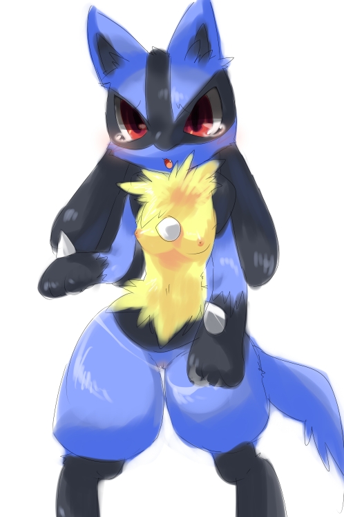 anthro anthrofied biped black_body black_fur blue_body blue_fur bodily_fluids breasts female fur genital_fluids genitals nipples pokemorph pussy red_eyes simple_background solo standing tail tears vaginal_fluids white_background yellow_body yellow_fur salt_(artist) nintendo pokemon canid canine generation_4_pokemon lucario mammal pokemon_(species)