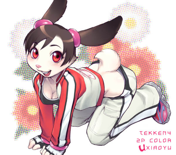 all_fours anthro biped black_hair blush bottomwear breasts cleavage clothed clothing female fingerless_gloves footwear fur gloves hair handwear kneeling looking_at_viewer open_mouth pants pink_nose red_eyes shoes simple_background smile solo text white_body white_fur uxiaoyu tekken tekken_4 ling_xiaoyu lagomorph leporid mammal rabbit