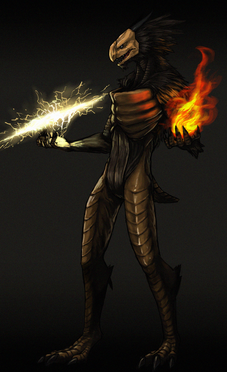 ambiguous_gender biped claws electricity elemental_manipulation fire fire_manipulation lightning lightning_magic nude open_mouth pose simple_background solo standing wings kntn dark_souls fromsoftware mythology dragon dragonoid_(dark_souls) mythological_creature mythological_scalie scalie hi_res